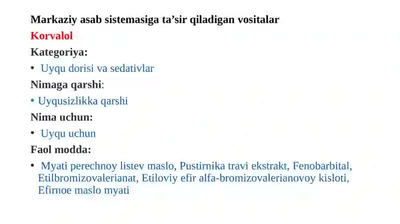 Markaziy asab tizimiga ta’sir qiladigan vositalar.Narkoz uchun ishlatiladigan vositalar 4