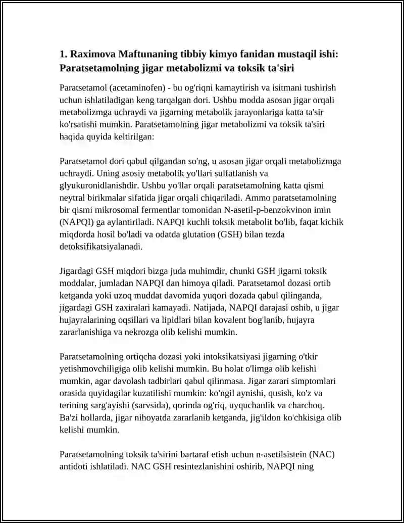 Maftunaning tibbiy kimyo fanidan mustaqil ish: Paratsetamolning jigar metabolizmi va toksik ta'siri 4
