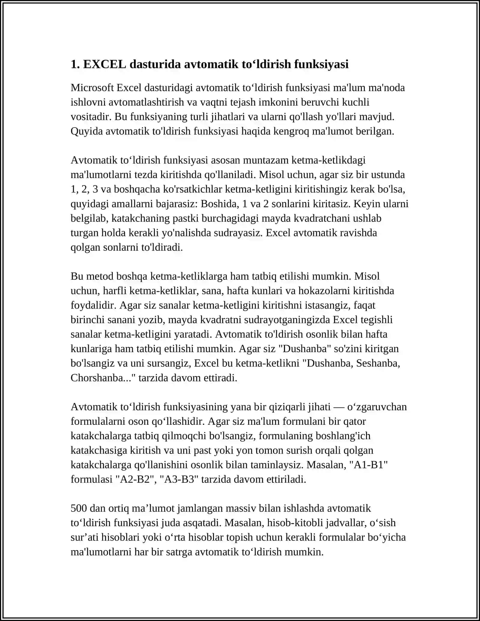 EXCEL DASTURIDA AVTOTOʻLDIRISHLAR VA AVTOHISOBLASHLAR. DIAGRAMMALAR YARATISH 4