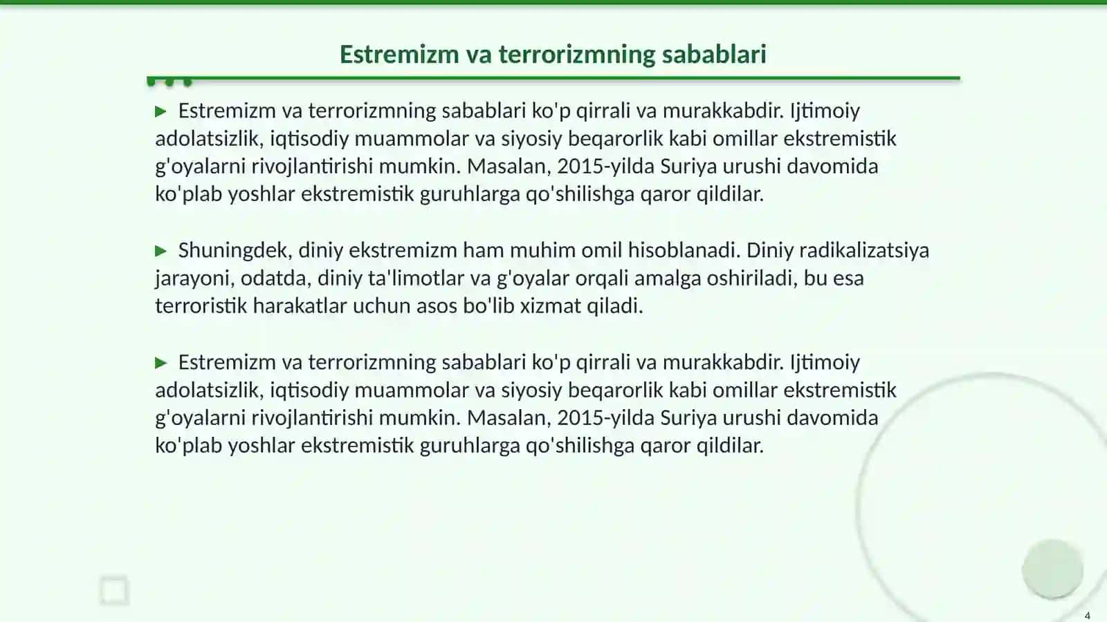 Estremizm va terrorizmning mohiyati va uning jamiyatdagi barqarorligiga tahdidi 4