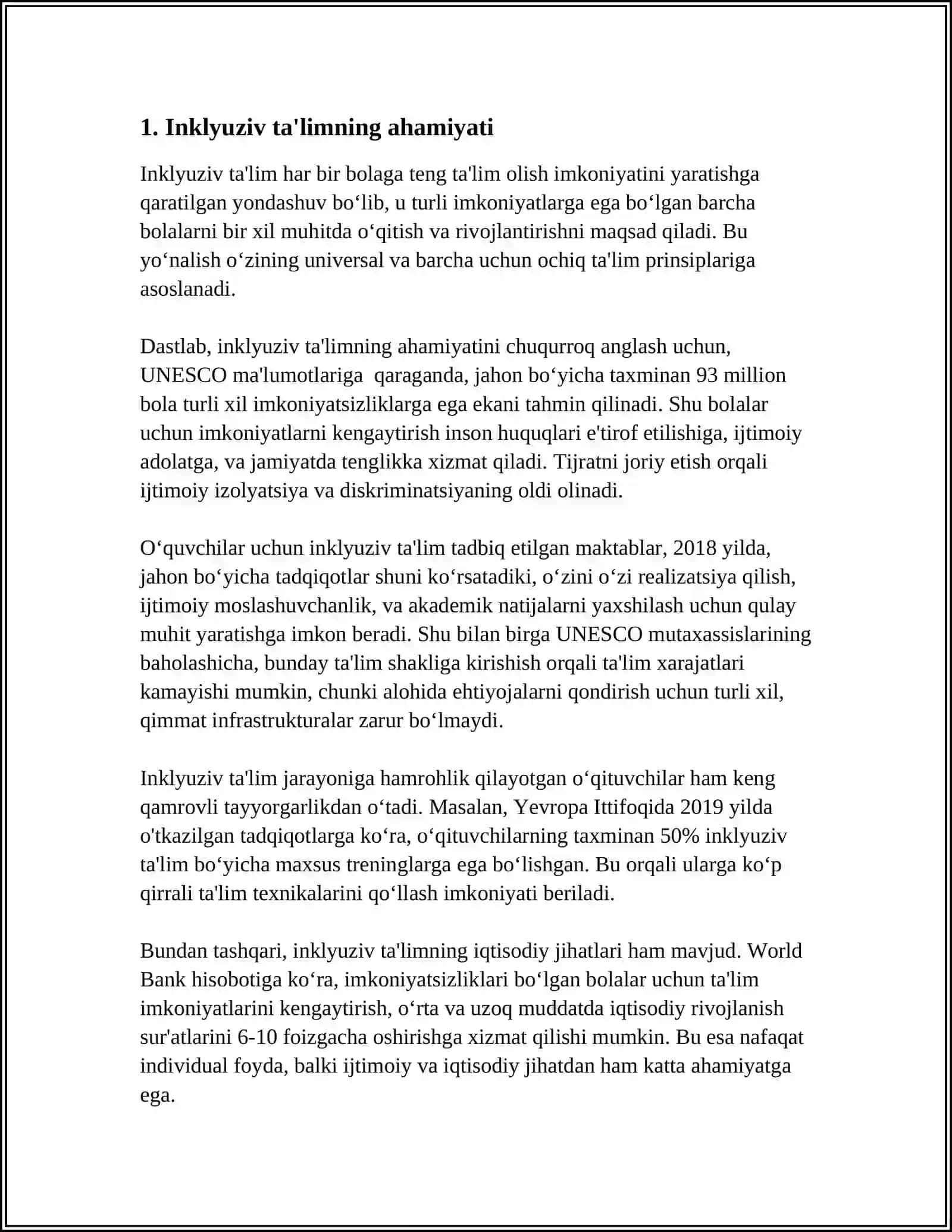 RIVOJLANISH MUAMMOLARI BOʻLGAN BOLALAR UCHUN INKLYUZIV TAʼLIMNI KENG TALIMIY FAOLIYATGA JORIY ETILGAN ALGORITMI 4