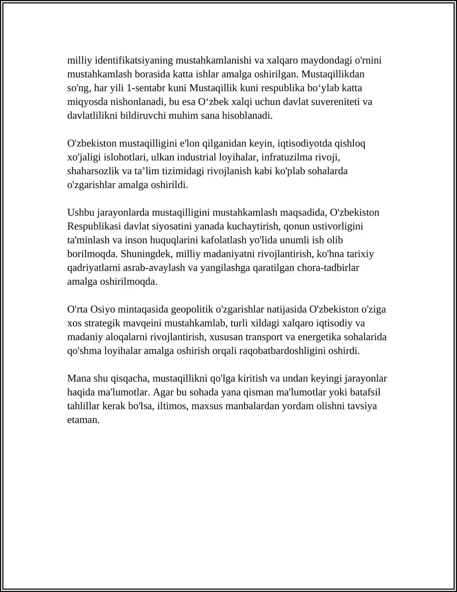 OʻZBEKISTON RESPUBLIKASI TASHKIL TOPISHINING TARIXIY AHAMIYATI OʻZBEKISTONNING OʻZIGA XOS ISTIQLOL VA TARAQQIYOT YOʻLI 4