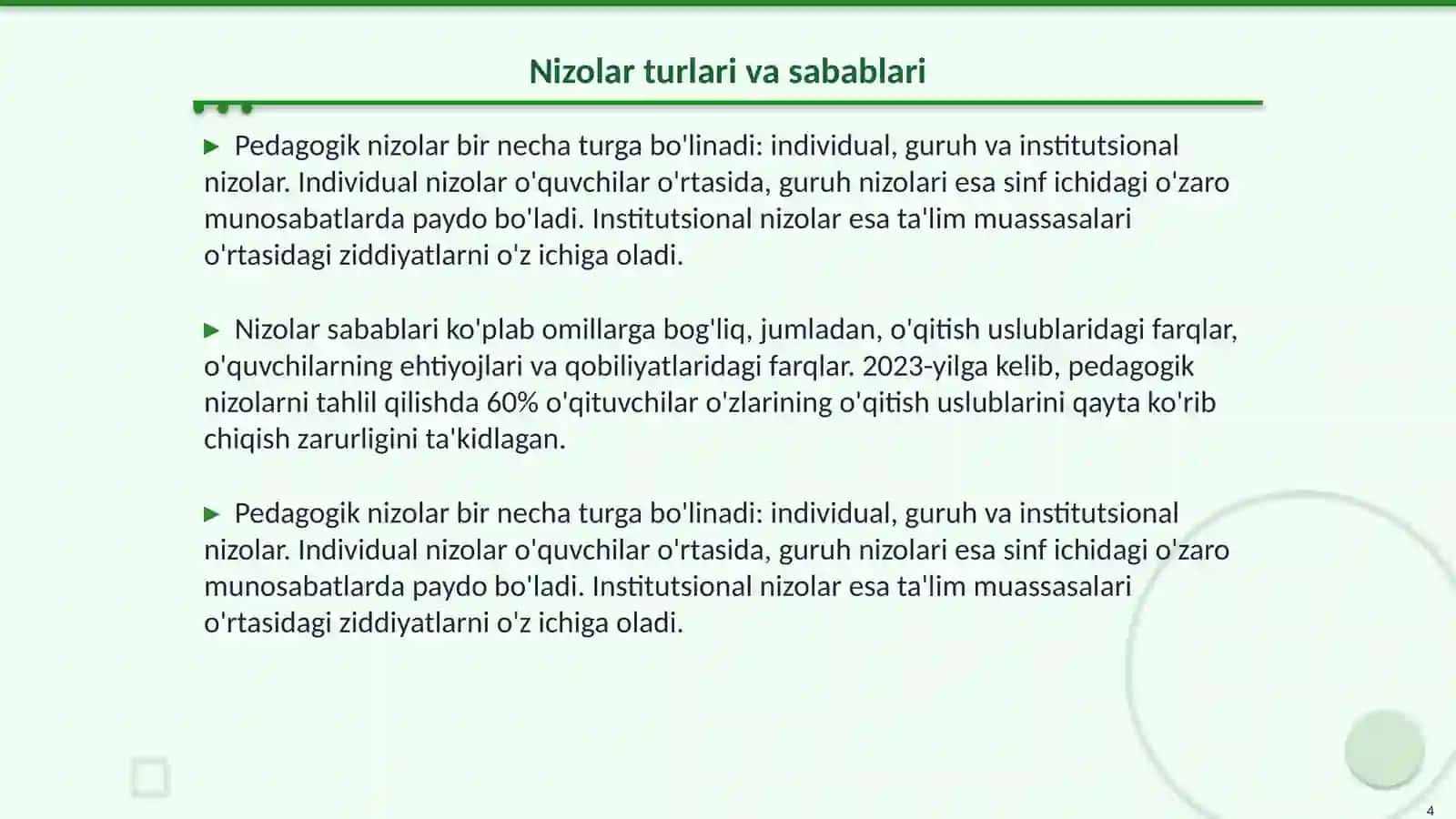 Pedagogik nizolar va ularni oldini olish texnologiyasi 4