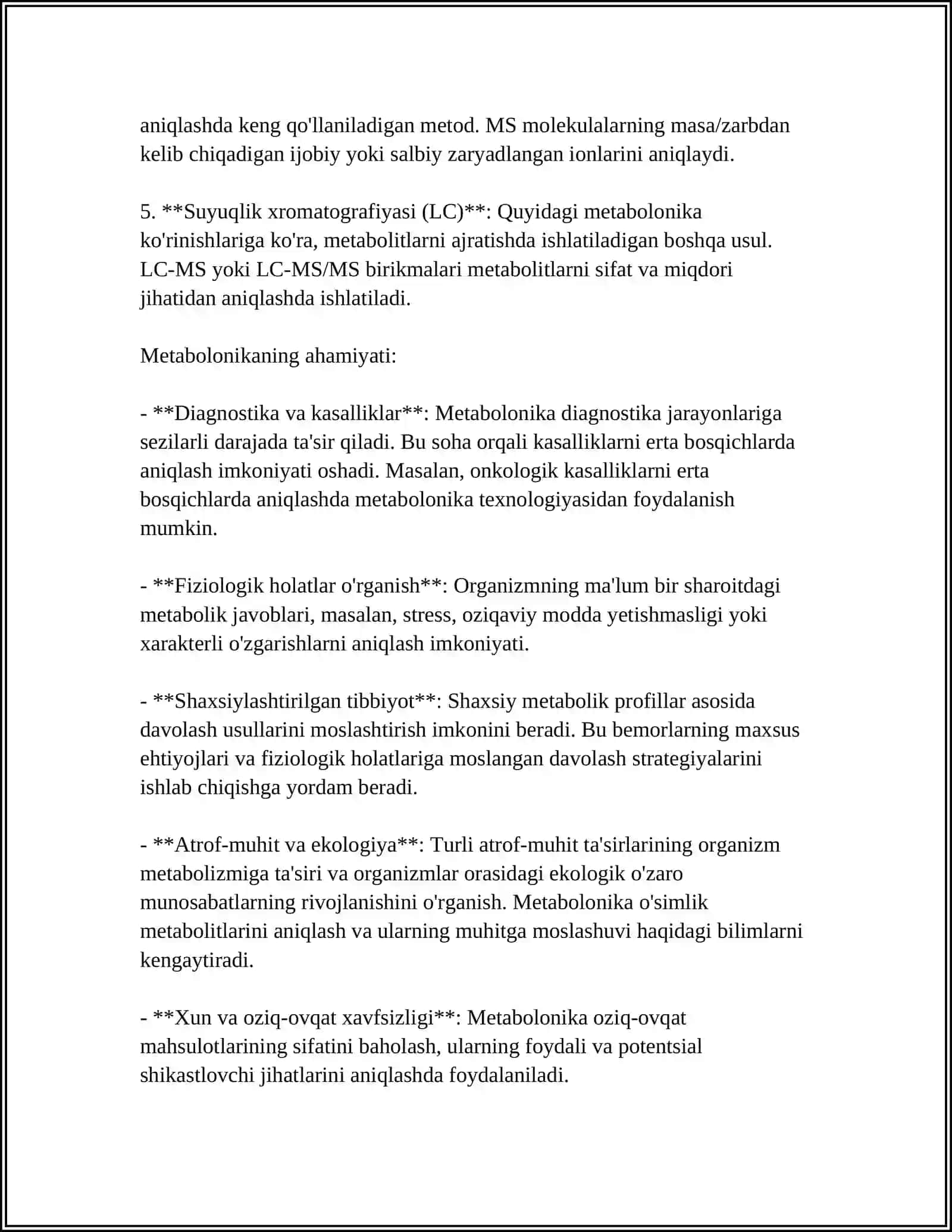 METABOLONIKA(TIRIK HUJAYRALARDA SODIR BOLADIGAN JARAYONLARGA XOS NOYAB KIMYOVIY,,BARMOQ IZLARI"NI TIZIMLI ÒRGANISH.)FANING ASOSLARI 4