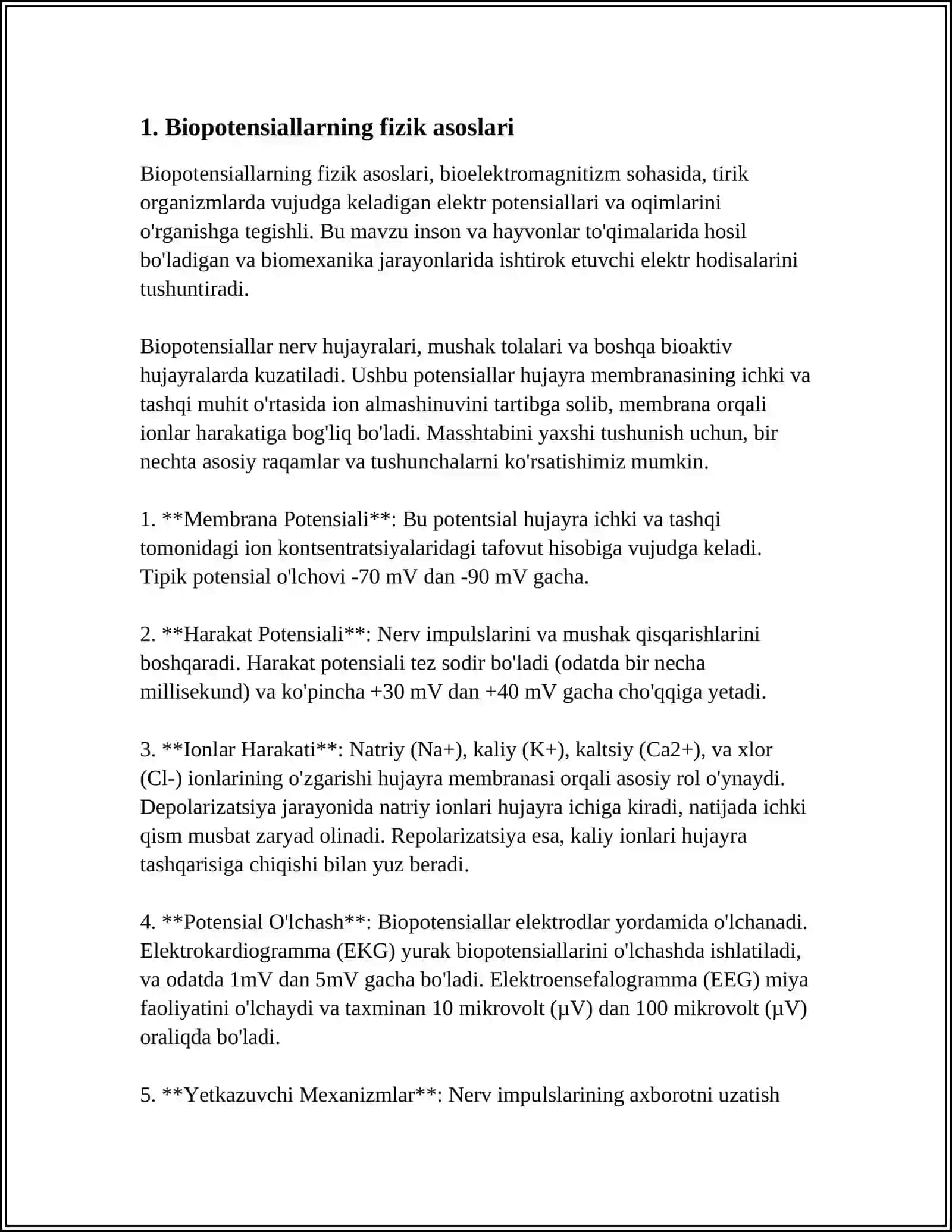 BIOPOTENSIALLARNI QAYD QILISHNING FIZIK ASOSLARI. ELEKTROKARDIOGRAFIYANING FIZIK ASOSLARINI O‘RGANISH 4