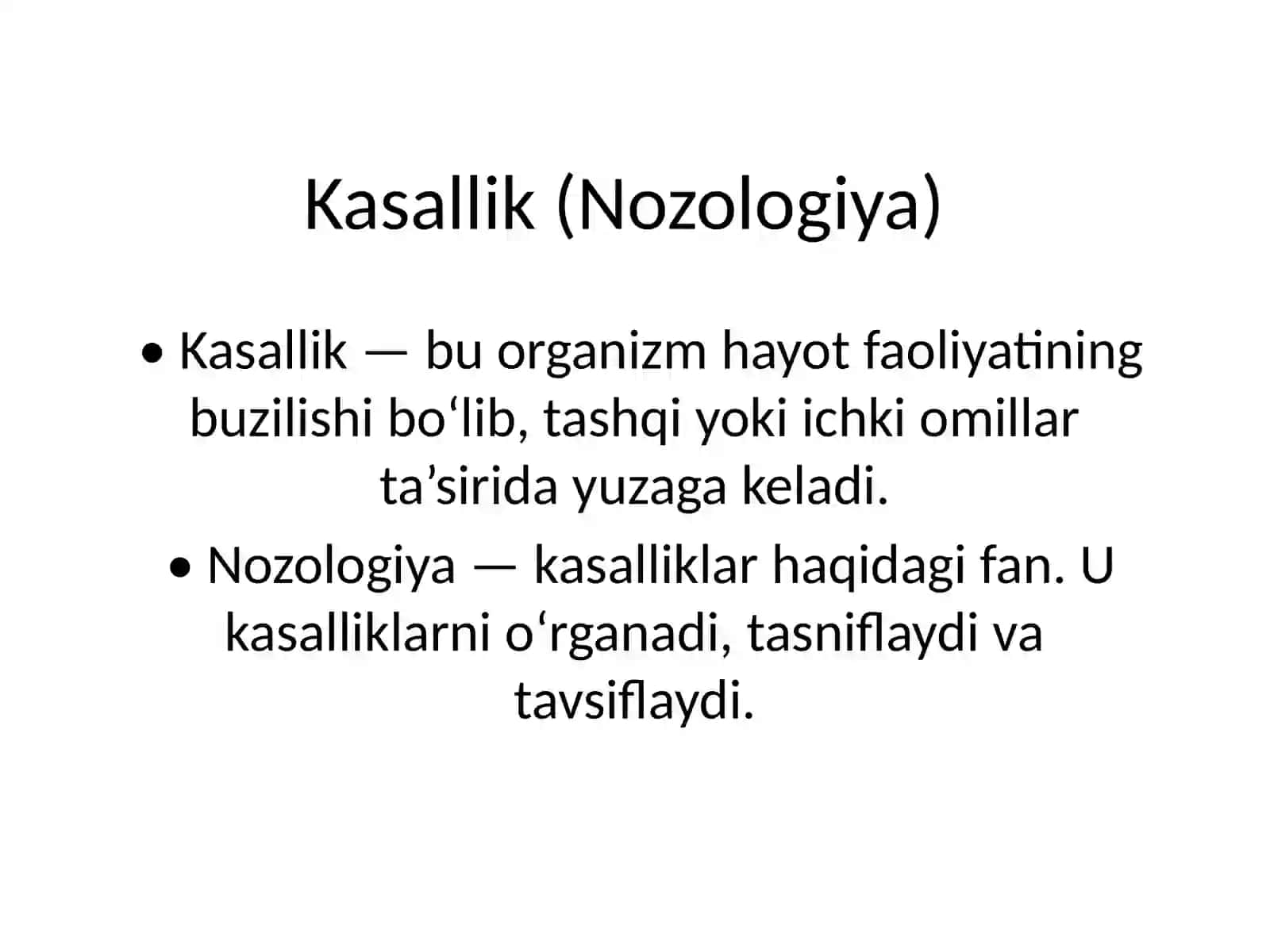 Salomatlik, moslashuv, kasallik (nozologiya), etiologiya, patogenez, sindrom, simptom, semiotika (semiologiya) tushunchasi. Diagnostika jarayonining qoidalari (algoritmi). Tekshirishning asosiy va qo'shimcha usullari. Tish kasalining tibbiy kartasi. Tish bemorining tibbiy tarixi va ambulatoriya kartasini to'ldirish qoidalari 4