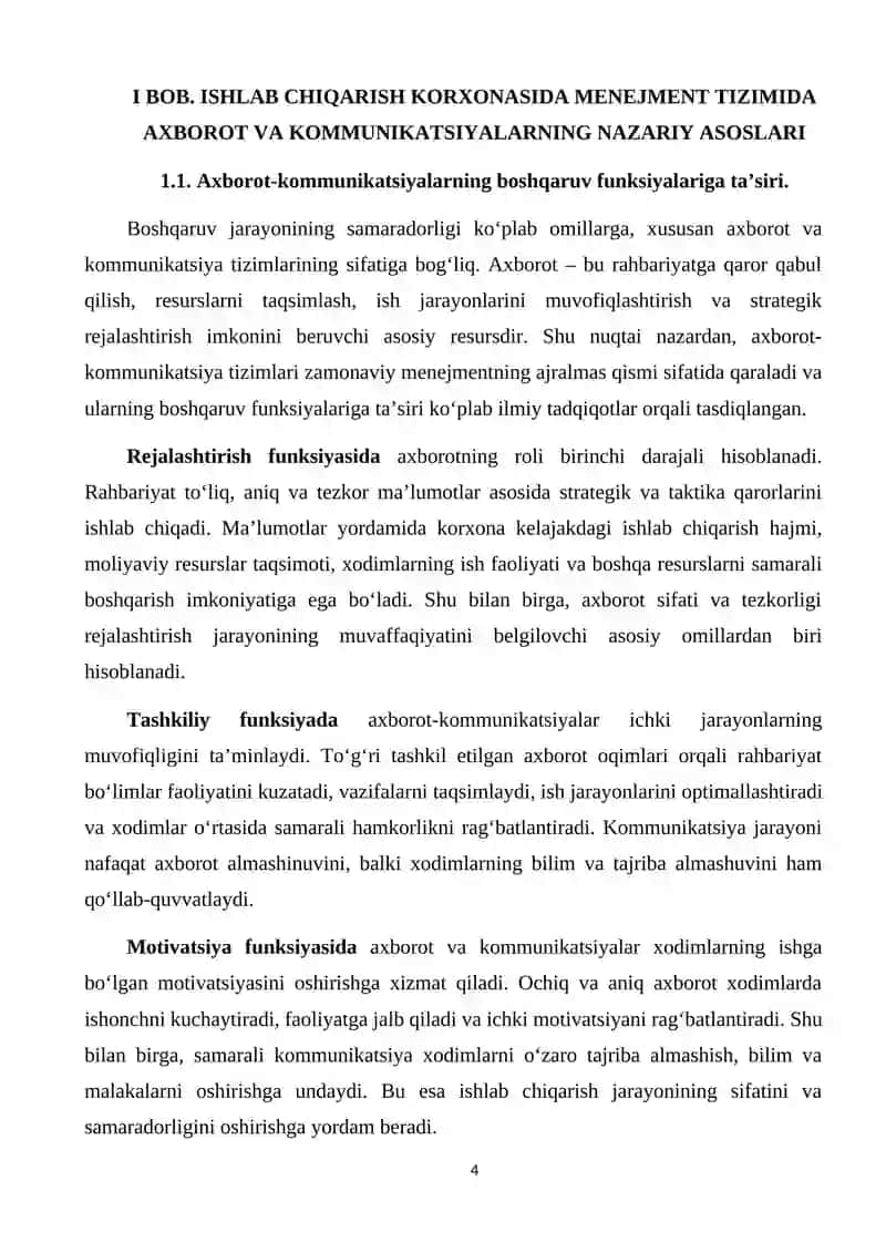 ISHLAB CHIQARISH KORXONASIDA MENEJMENT TIZIMIDA AXBOROT VA KOMMUNIKATSIYALARNING NAZARIY ASOSLARI 4