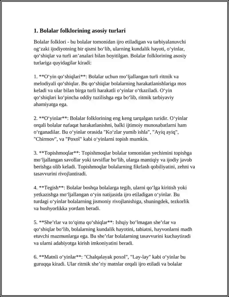 BOLALAR FOLKLORI MATERIALLARI ASOSIDA MAZKUR FOLKLORE NAMUNALARINING OʻZIGA XOS BELGILARINI ANIQLASH 4