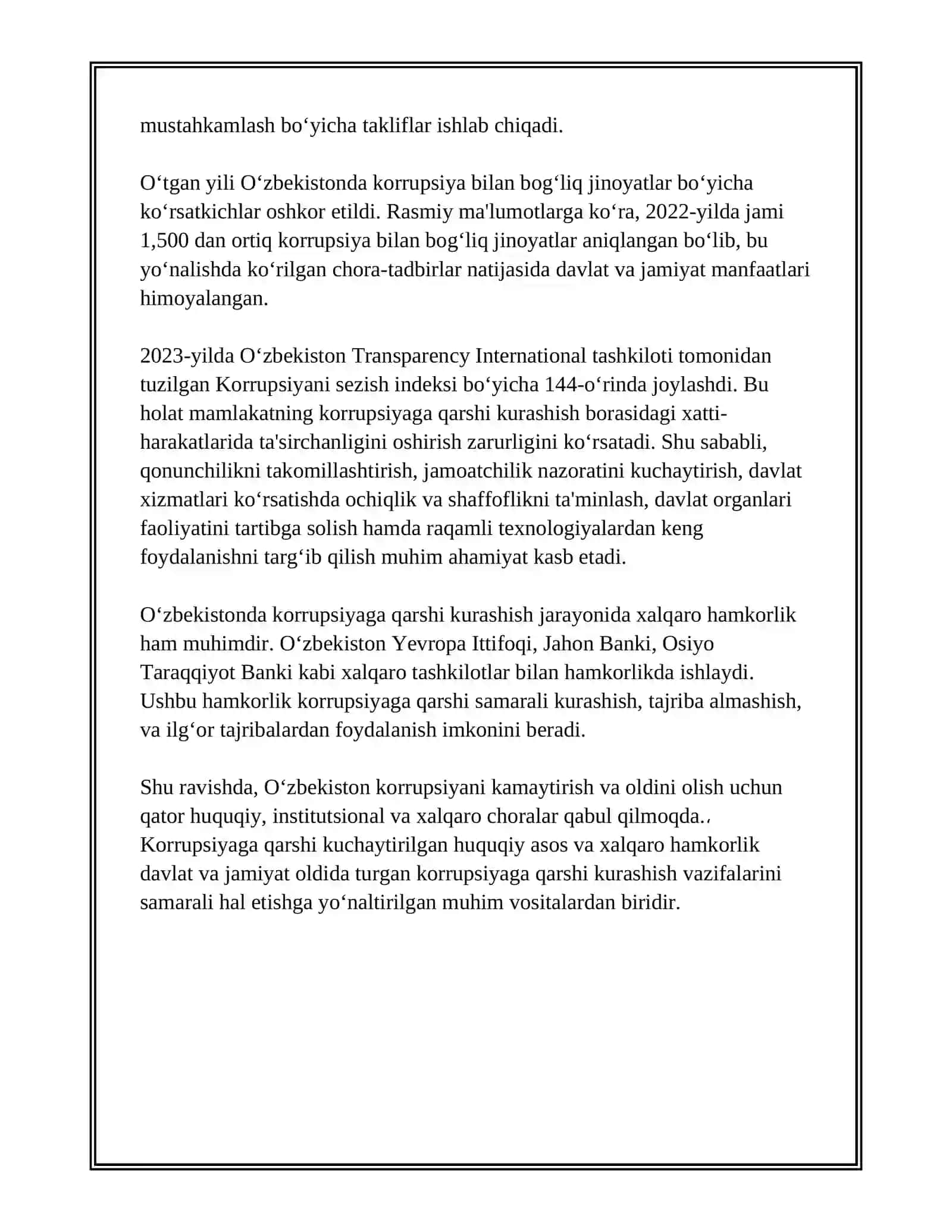 "ÕZBEKISTONDA KORRUPSIYAGA QARSHI KURASHISH MEXANIZMLARI" MAVZUSIDA ESSE TAYYORLASH 4