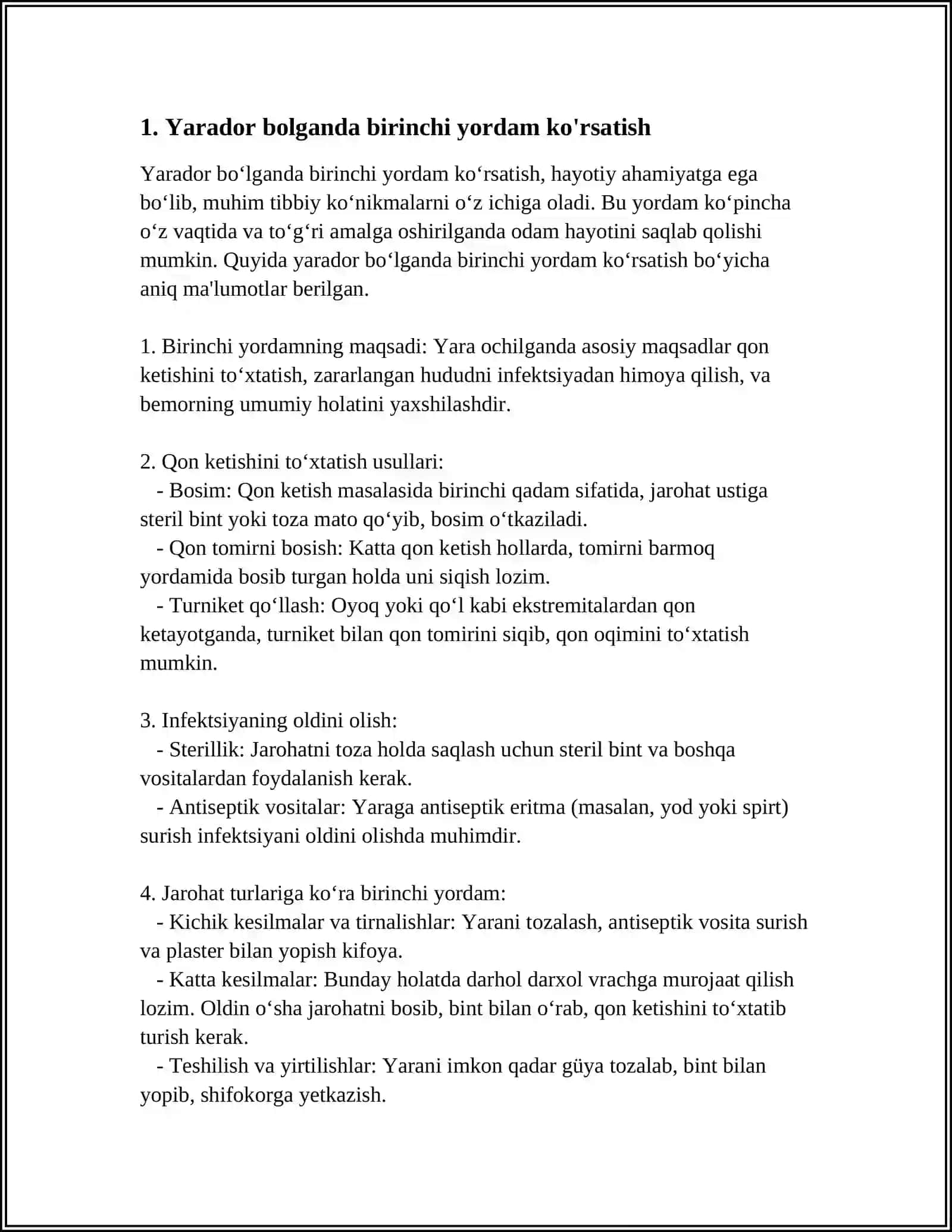 YARADOR BOLGANDA VA YOPIQ JAROHATLANISHLARDA 1-TIBBIY YORDAM KORSATISH 4