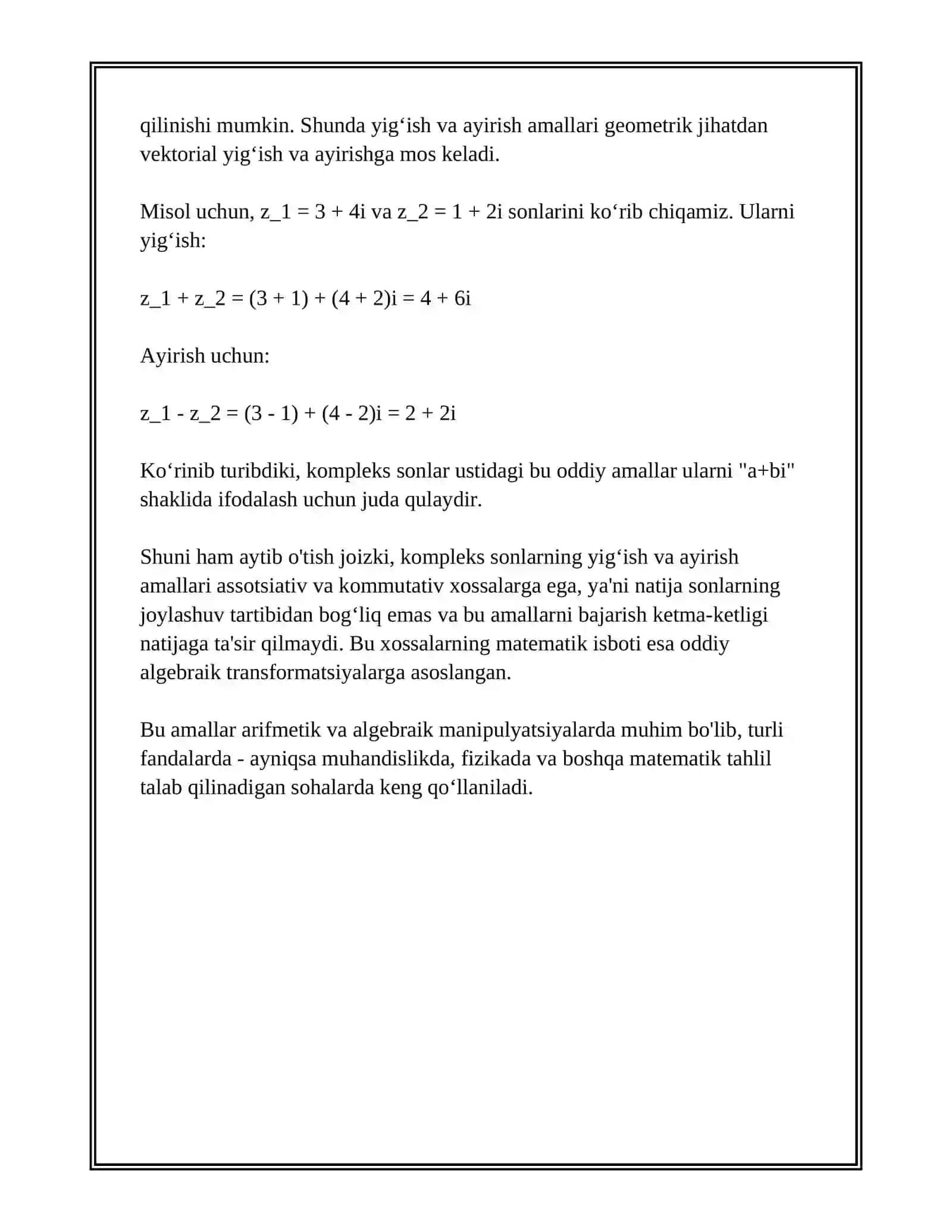 KOMPLEKS SON SHAKLLARI, ULAR USTIDA AMALLAR 4