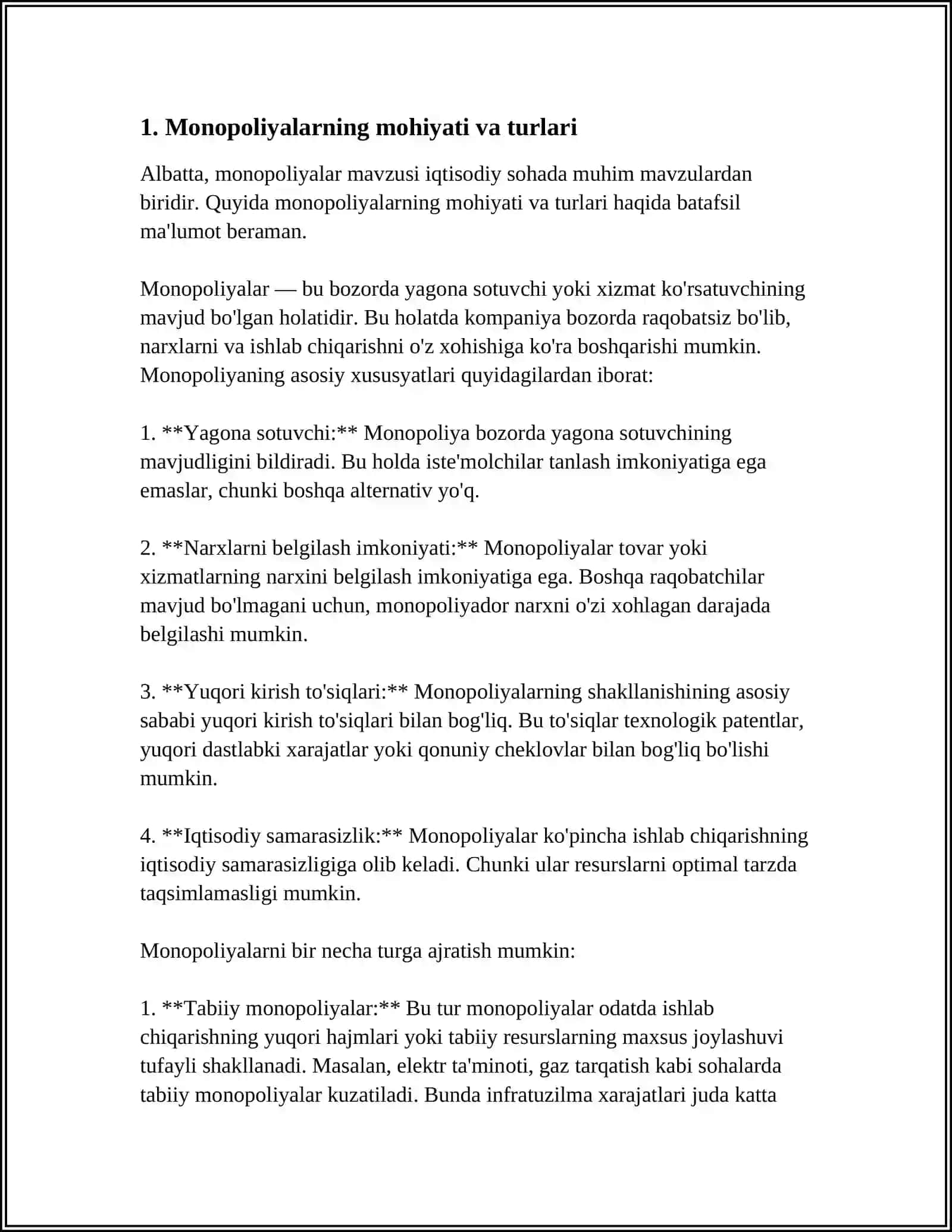 MONOPOLIYALAR,ULARNING AMAL QILISHI VA TARTIBGA SOLINISHI XUSUSIYATLARI 4