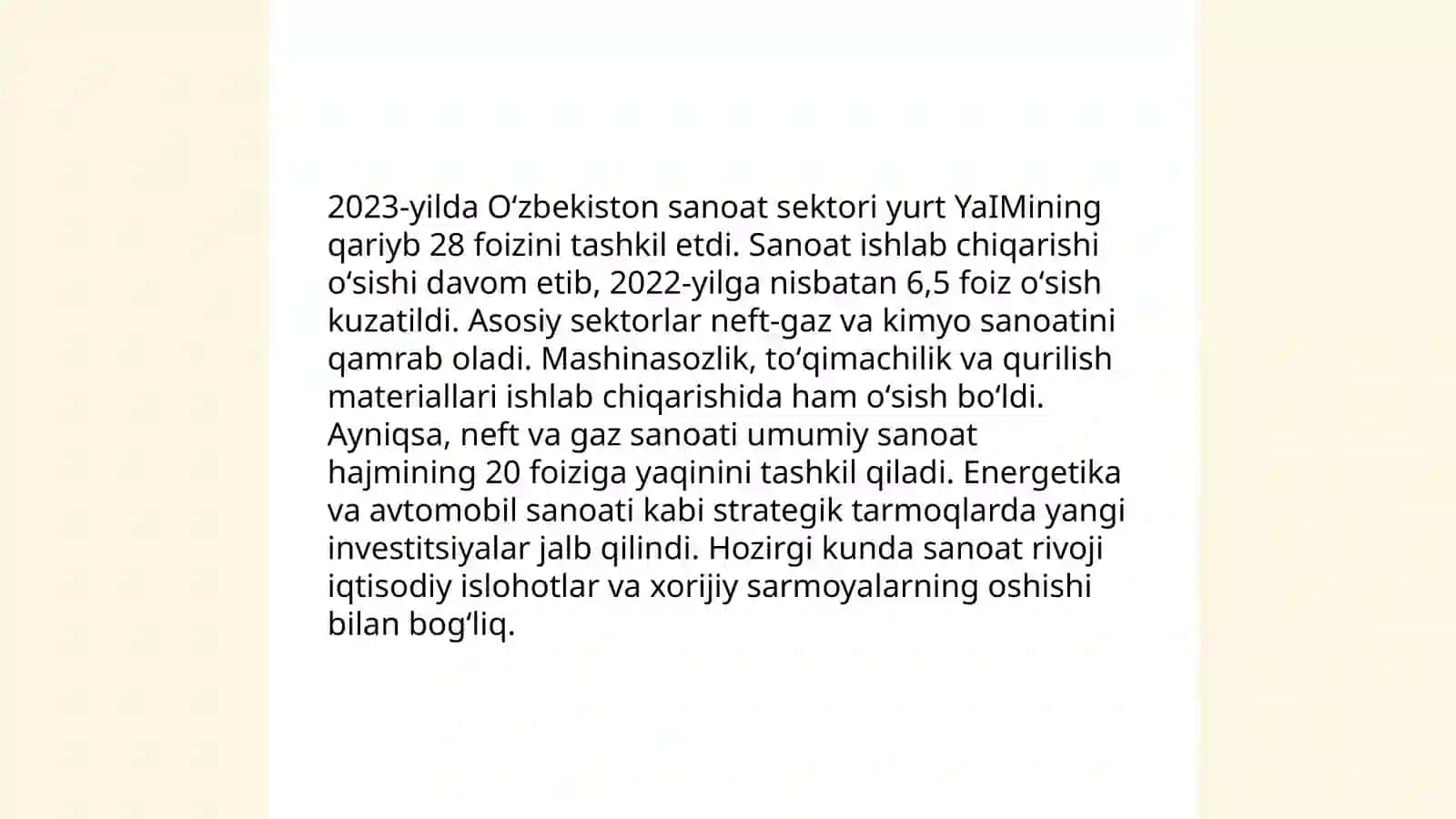 Oʻzbekiston Respublikasining YaIM tarkibidagi oʻzgarishlar tahlili 4