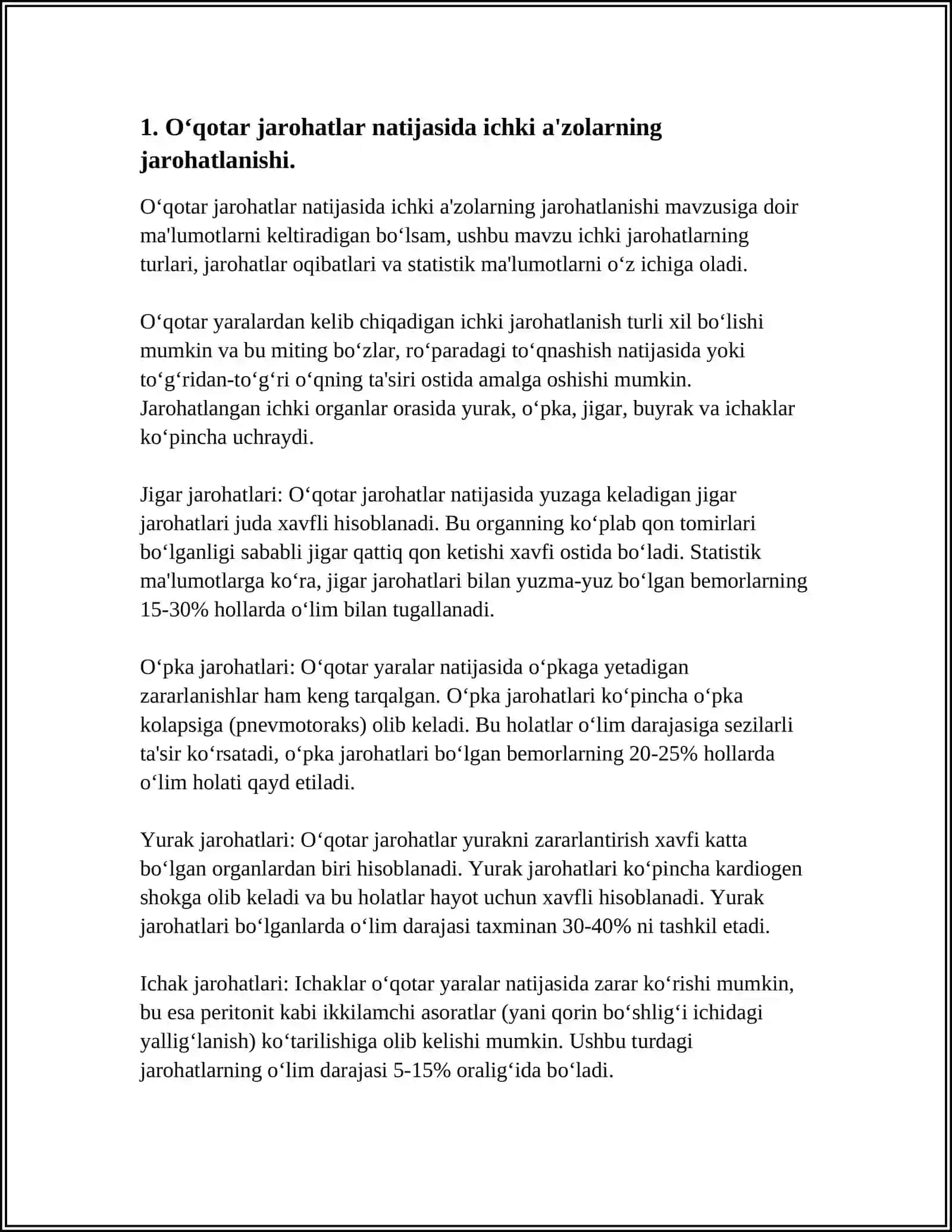 OʻQ OTAR JAROHATLARDA ICHKI AʼZOLAR KASALLIKLARI. YARADORLARDA HAYOTGA HAVFLI HOLATLAR XARAKTERISTIKASI 4