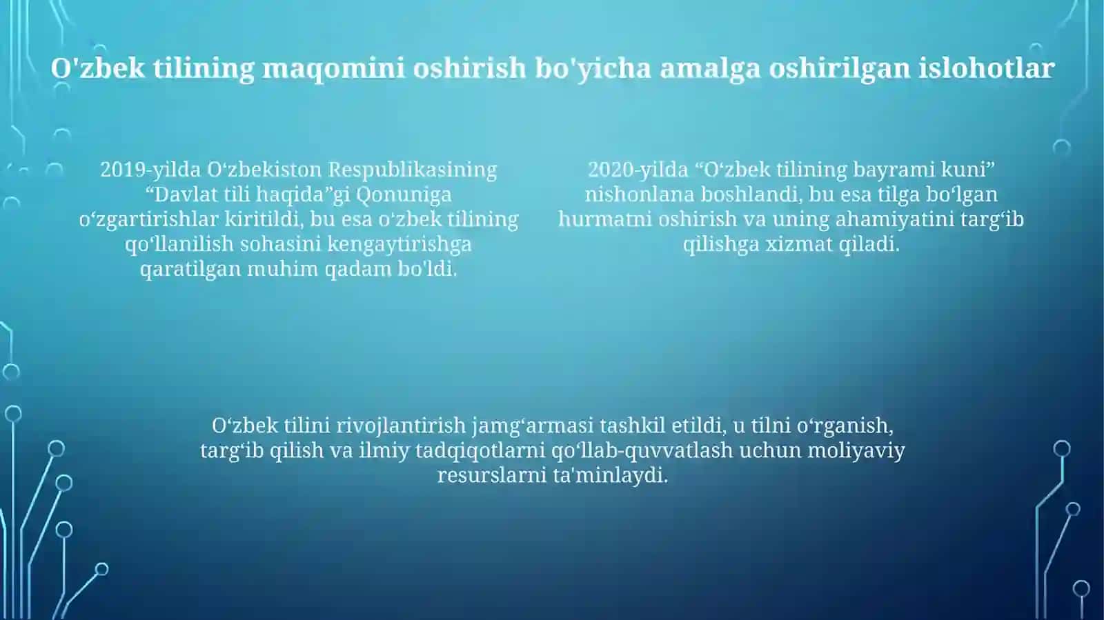 O'zbek tilining davlat tili sifatidagi nufuzi va mavqeyini tubdan oshirish 4