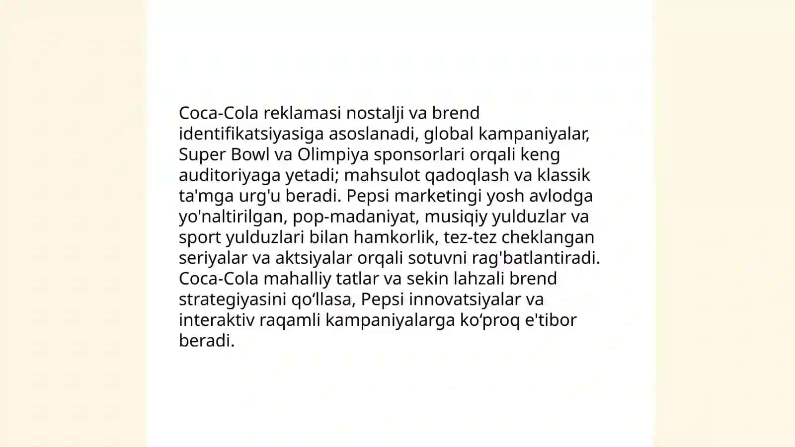 Coca cola va pepsining raqobatu va ularni bir biridan solishtirish 4