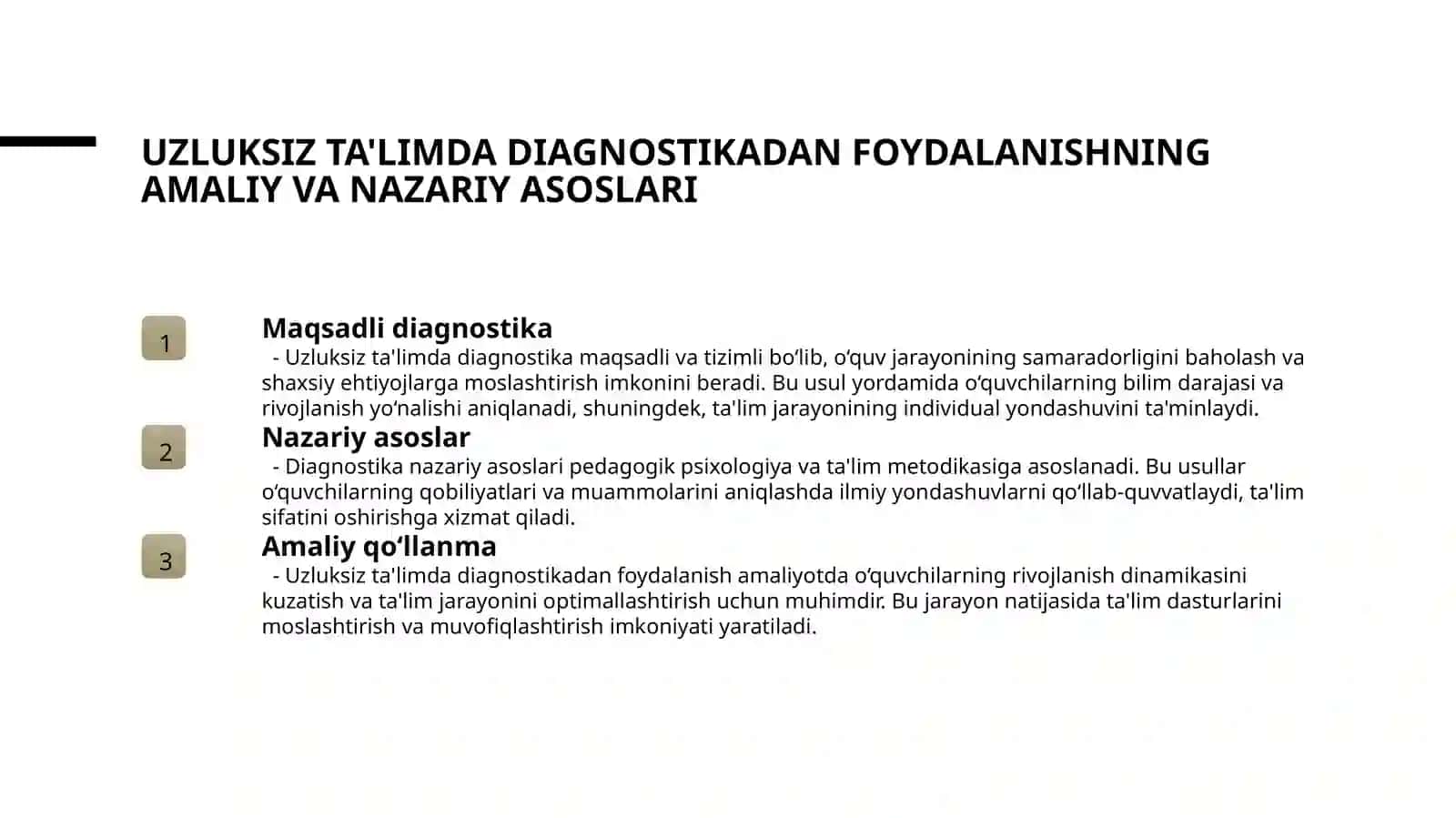 Tarbiyaviy faoliyatda diagnostika asosida uzluksiz ta'limda Tarbiyaviy ishlarni rejalashtirish. Korreksion faoliyatning mazmun-mohiyati asosiy tamoyillari va tashkil etish bosqichlari mavzusida slayd tadqiqot 4