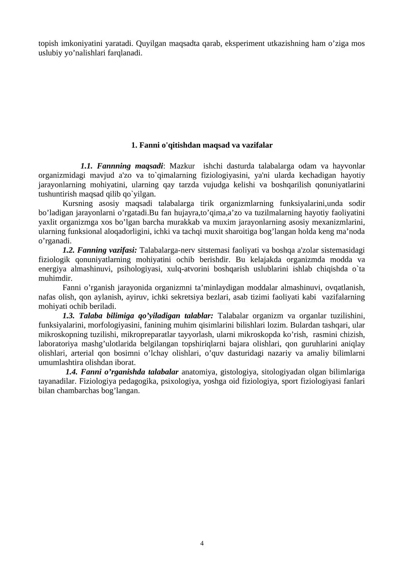 Odam va hayvonlar fiziologiyasi fanidan o’quv uslubiy majmua 4