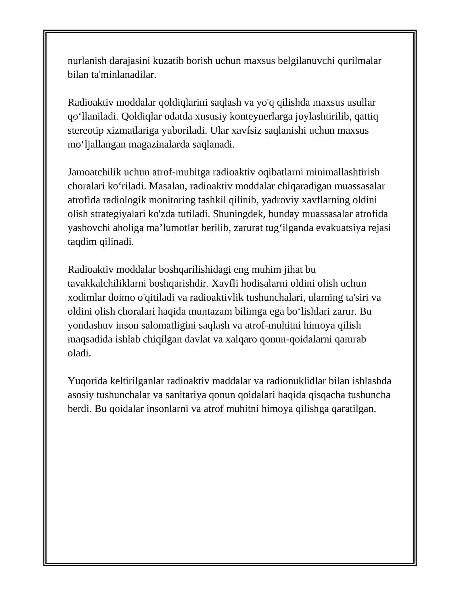 RADIOAKTIV MODDALAR TAKSIKOLOGIYASI. RADIOAKTIV MODDALAR BILAN ISHLAGANDA SANITARIYA QONUN QOIDALARI 4