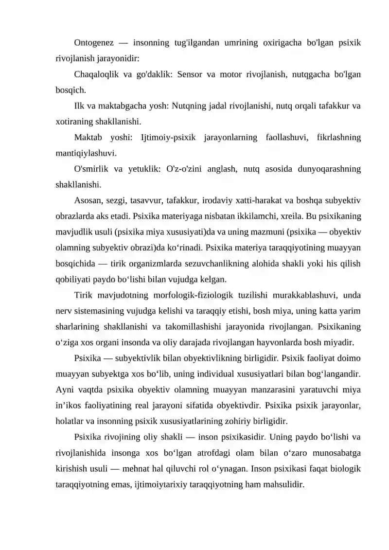 PSIXIK JARAYONLARNI SHAKLLANISHIDA TILNING AHAMIYATI. INSON PSIXIKASINI ONTOGENEZDA RIVOJLANISHI. 4
