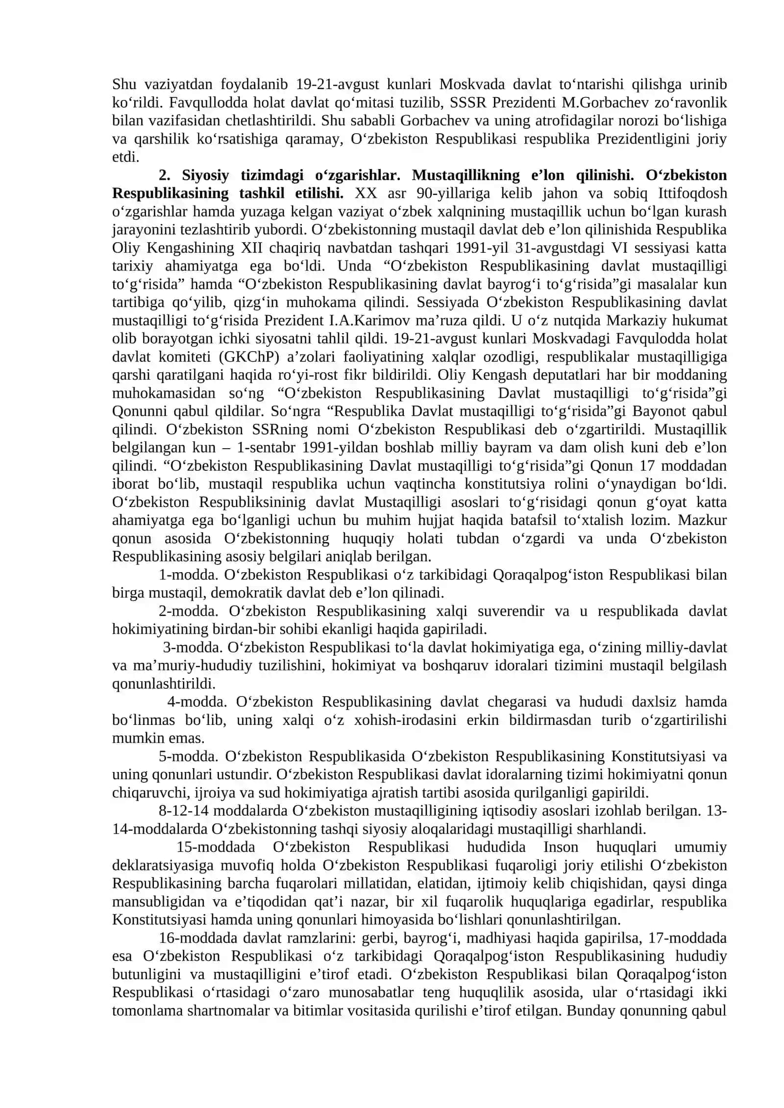 MAVZU. MUSTAQIL O‘ZBEKISTON RESPUBLIKASINING TASHKIL TOPISHI VA UNING TARIXIY AHAMIYATI 4