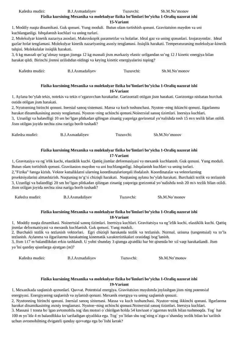 Fizika kursining Mexanika va molekulyar fizika bo’limlari bo’yicha 1-Oraliq nazorat ishi 4