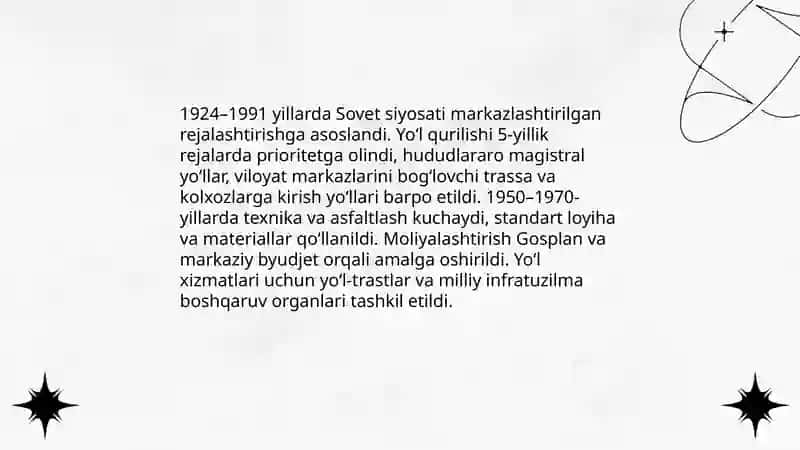 O‘zbekiston avtomobil yo‘l tarmoqlarini rivojlanish bosqichlari 4