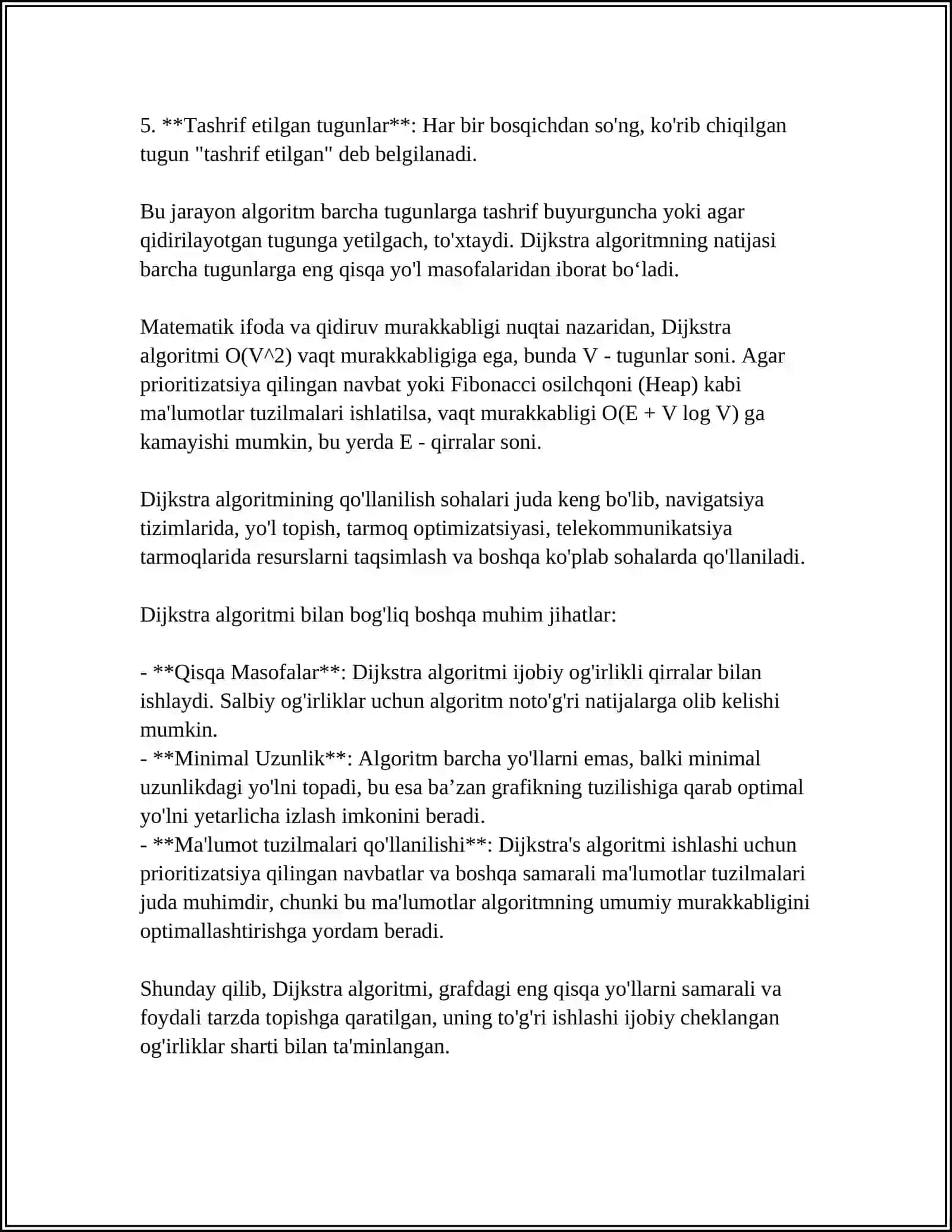 GRAFLARDA ENG QISQA YO'LNI ANIQLASHNING DEYKSTRA ALGORITMLARI 4