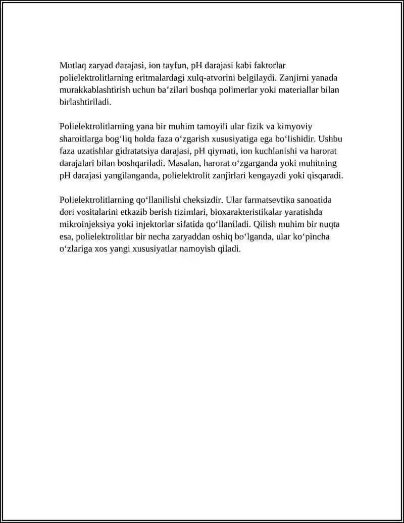 POLIELEKTROLITLAR. POLIAMFOLITLAR. IZOELEKTIK NUQTA VA UNI ANIQLASH. YUMB ERITMALARINING OSMOTIK BOSIMI. 4