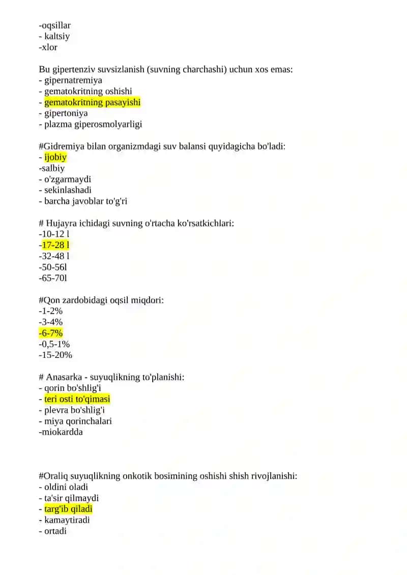 Suv-elektrolitlarning buzilishi vauglevod almashinuvi test 4