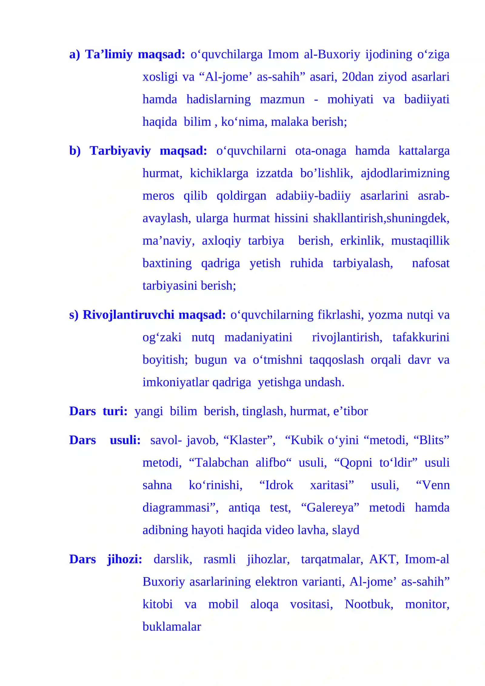 9-sinf Adabiyot fanidan Imom al-Buxoriy hadislarini o'qish dars ishlanma 4