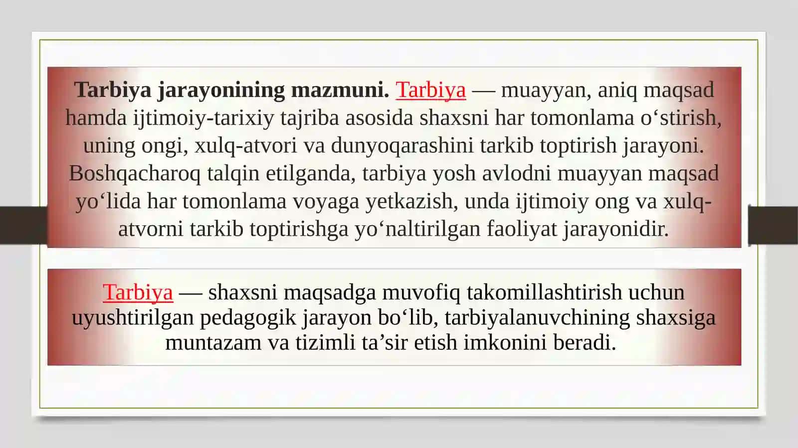 Tarbiya jarayonining mohiyati va mazmuni. Tarbiya qonuniyatlari va tamoyillari 4