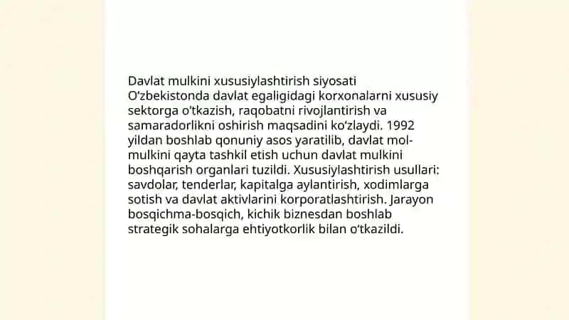 Iqtisodiy islohotlar, xususiy mulkchilikning shakllanishi. Oʻzbekistonda bozor munosabatlarining rivojlanishi 4