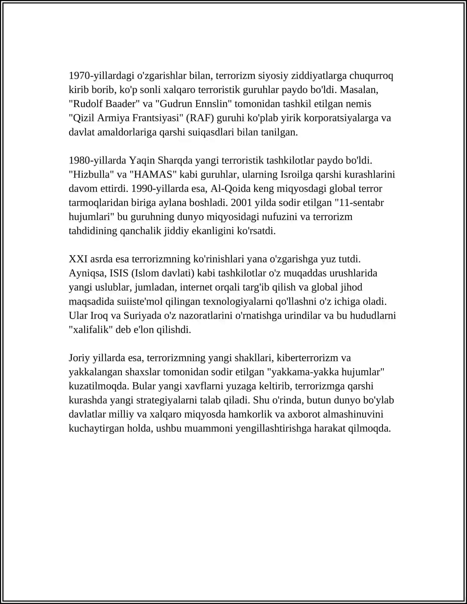 MUSTAQIL ISH Mavzu: TERRORIZM VA AHOLI MUHOFAZASI 4