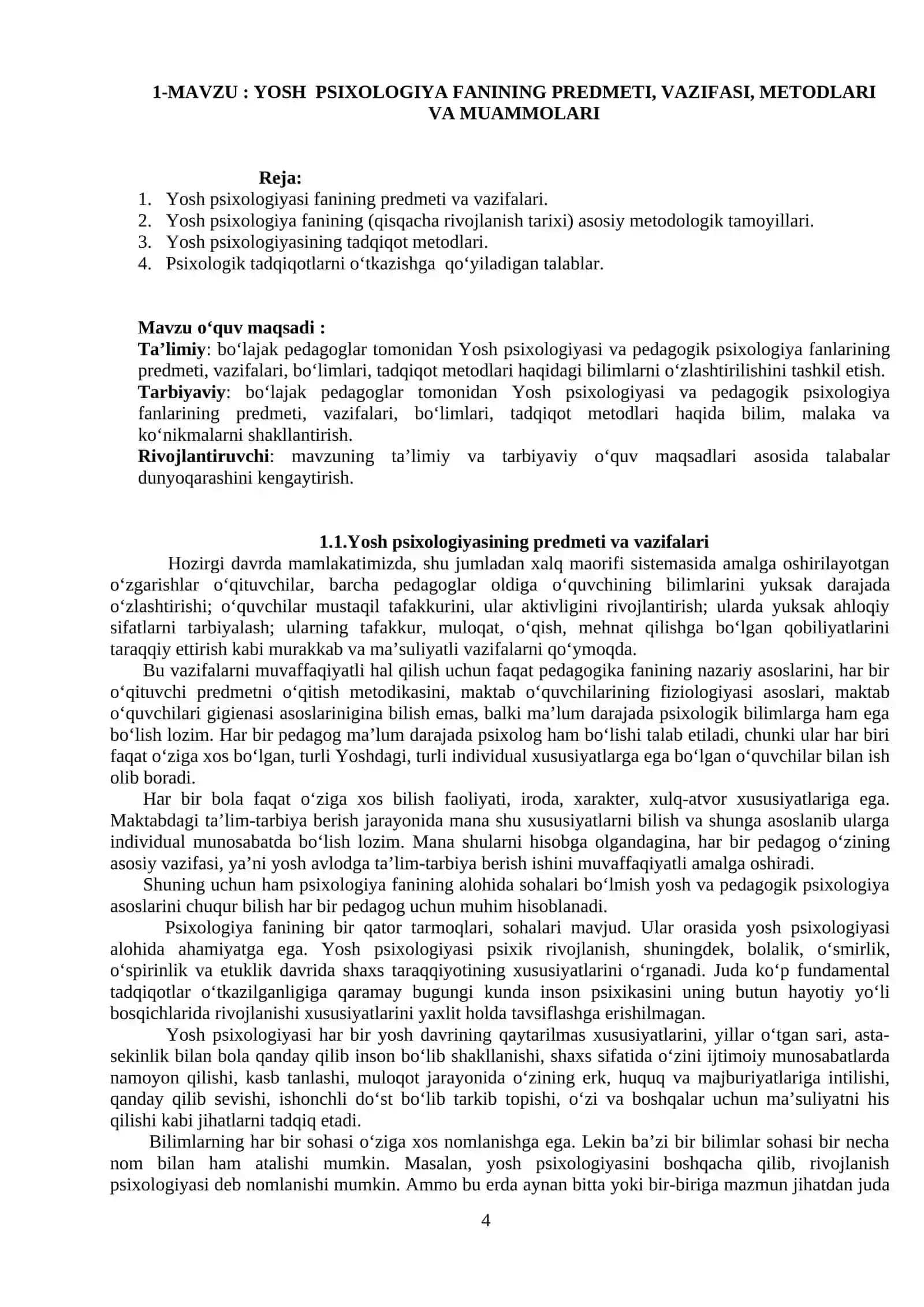 YOSH PSIXOLOGIYASI FANIDAN O‘QUV-USLUBIY MAJMUA 4