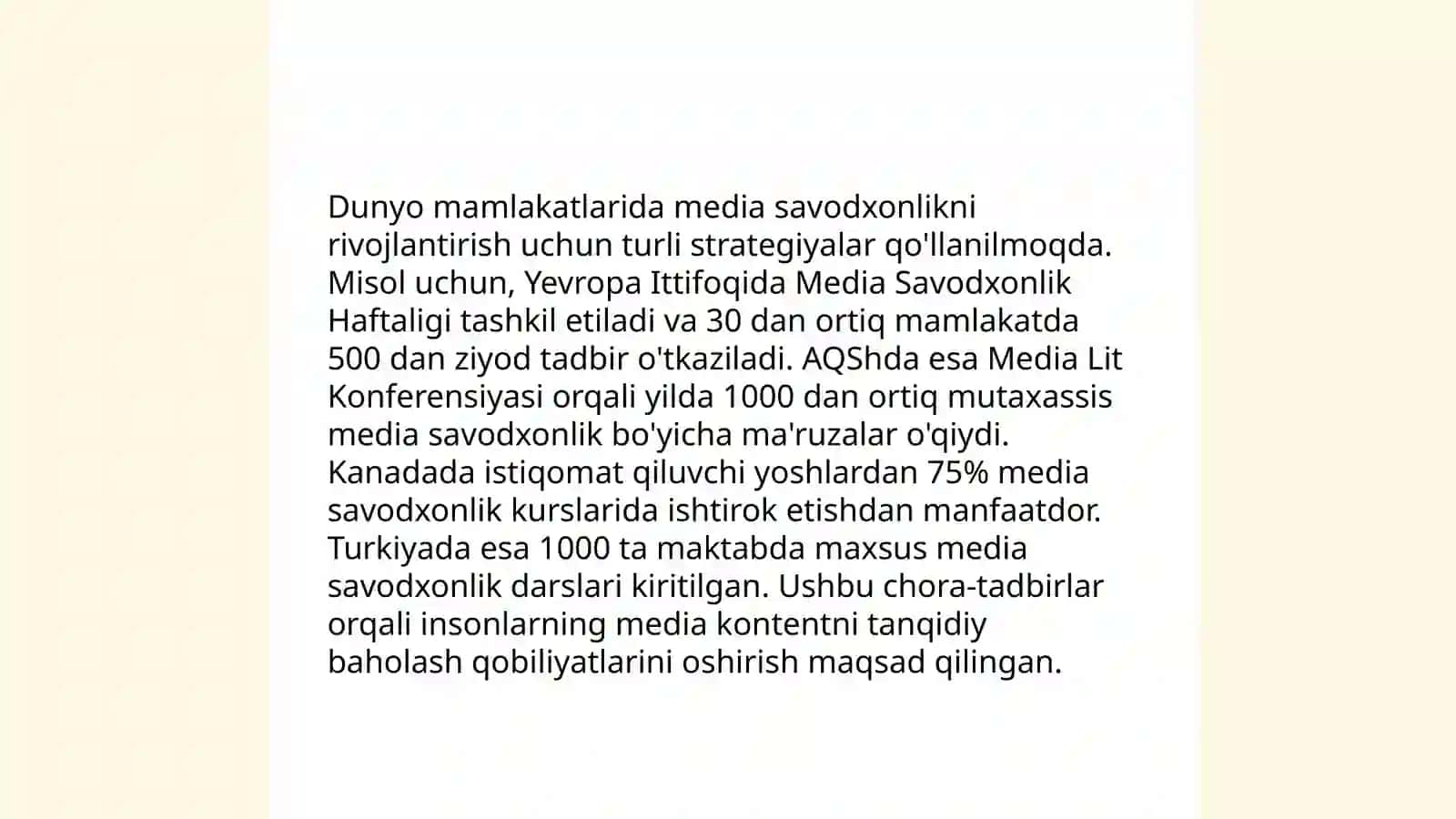Oʻz medialoyihasini ishlab chiqish va taqdim etish Dunyo mamlakatlaridagi media va axborot savodxonligi taraqqiyoti 4