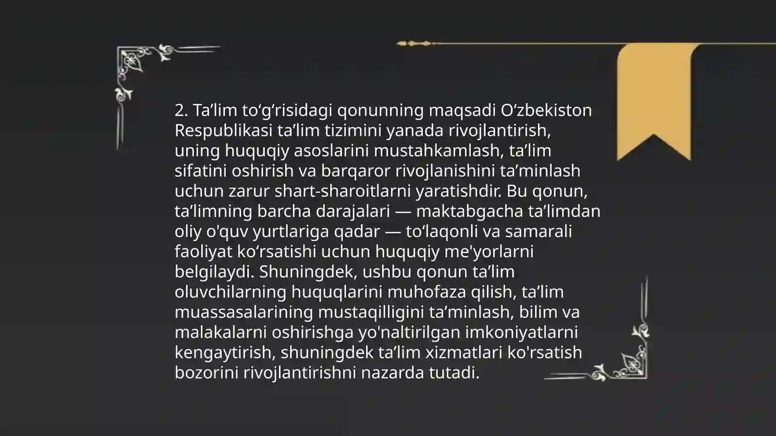 Taʼlim toʻgʻrisidagi qonunning tuzilishi va umumiy mohiyati 4