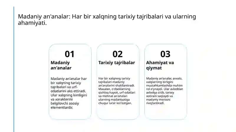 Turli millatlarning urf odatlari va an'analari mavzusida ijodiy matn tuzish. Turli millat qadriyatlarini Konseptual jadval asosida qiyoslash 4