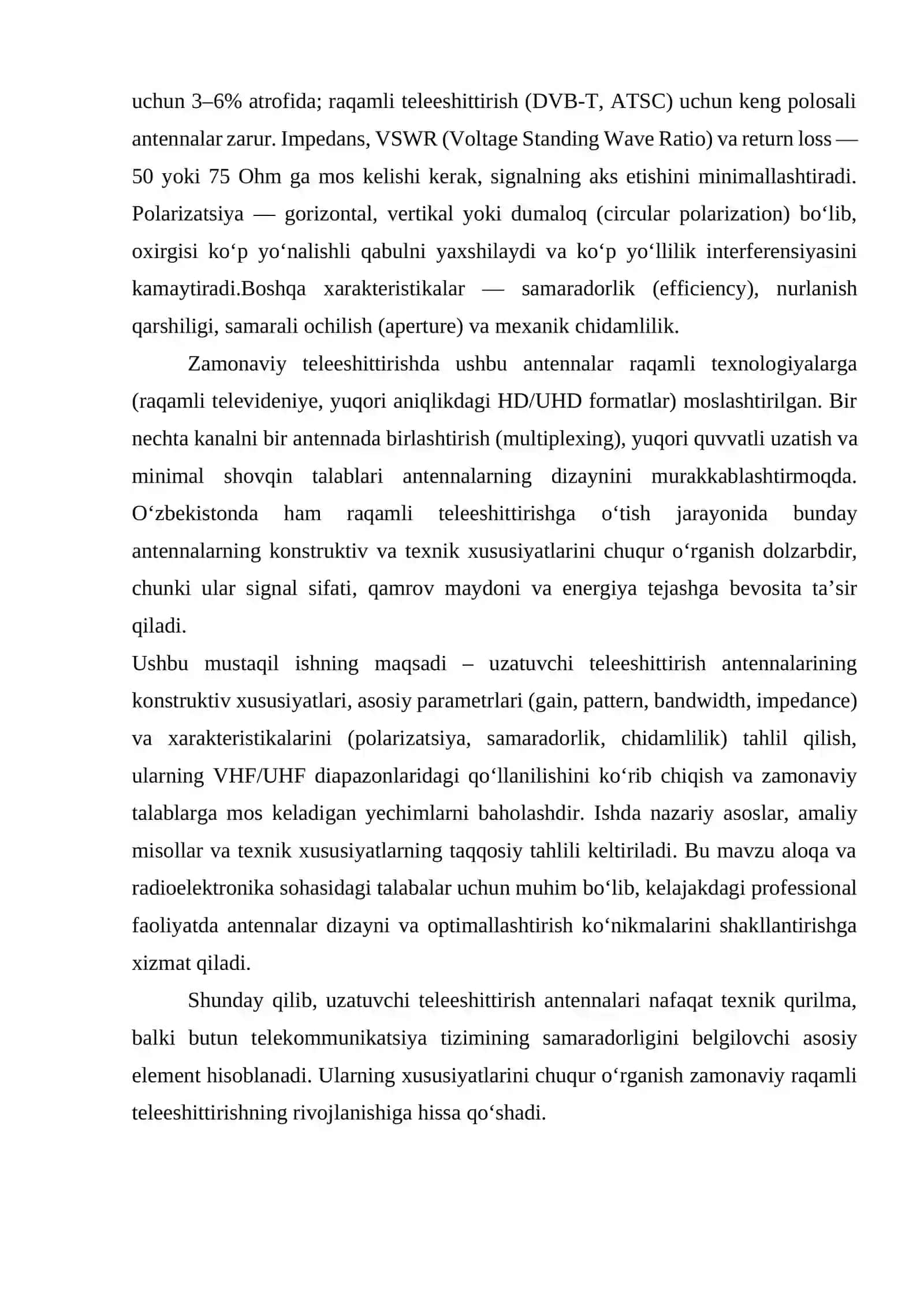 Uzatuvchi teleeshittirish antennalarining konstruktiv xususiyatlari, parametrlari va xarakteristikalari 4