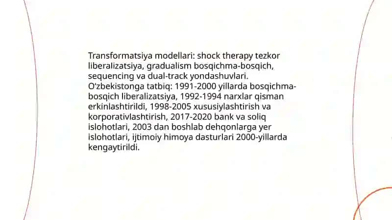O'tish davri iqtisodiy nazariyalari O'zbekiston Respublikasidagi ma'muriy buyruqbozlik tizimidan bozor munosabatlariga o'tish davri konsepsiyasi 4
