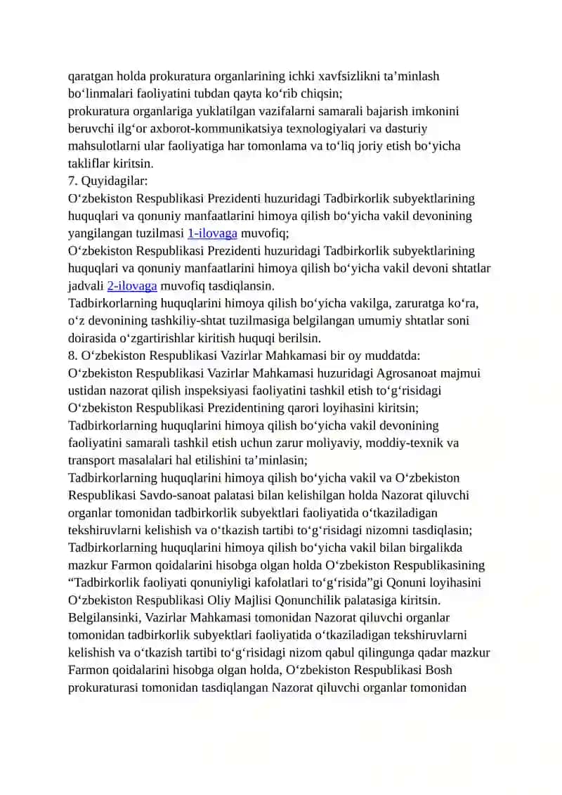 Tadbirkorlik faoliyatini himoya qilish tizimini tubdan takomillashtirish va prokuratura organlari faoliyatini optimallashtirish chora-tadbirlari 4