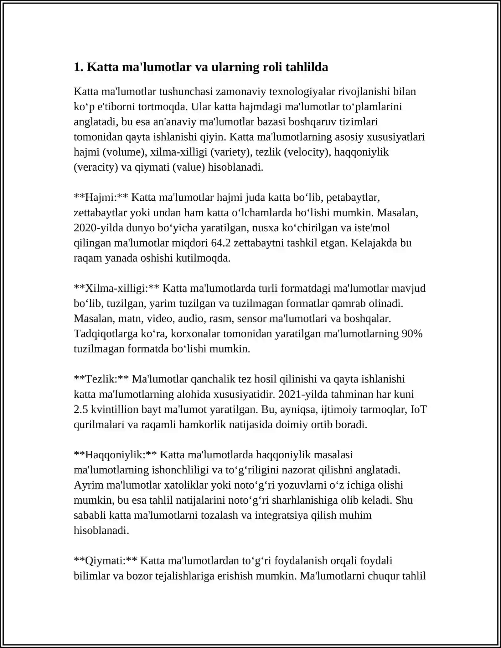 MALUMOTLAR BAZASI ASOSIDA TAHLIL VA DASTURLASH: TAHLIL VA DASTURLASH JARAYONLARI,BIGDATA VA ANALYTICS 4