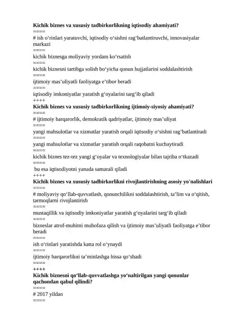 Kichik biznes va hususiy tadbirkorlik fanidan test savollari 4