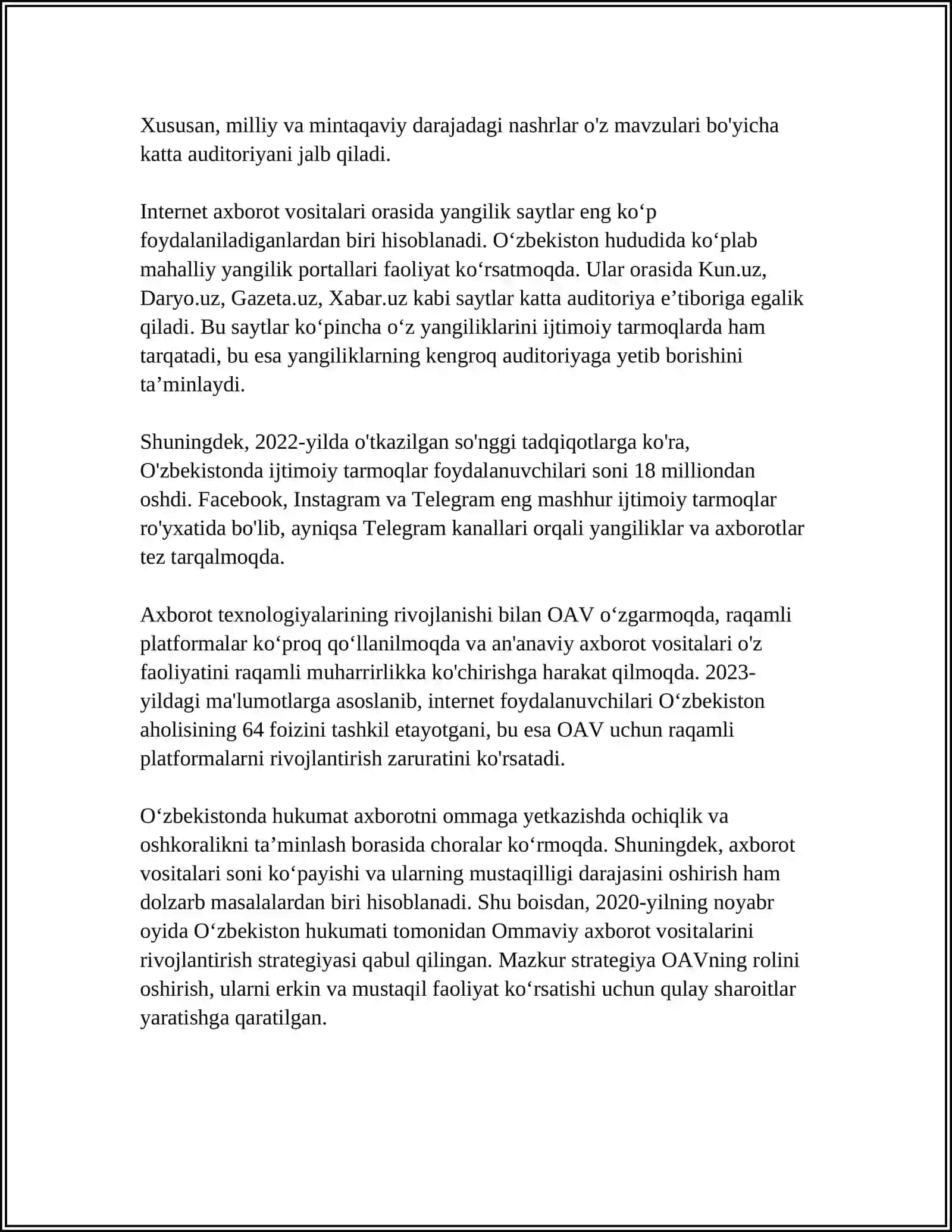 O'ZBEKISTON RESPUBLIKASIDA OMMAVIY AXBOROT VOSITALARI FAOLIYATI 4