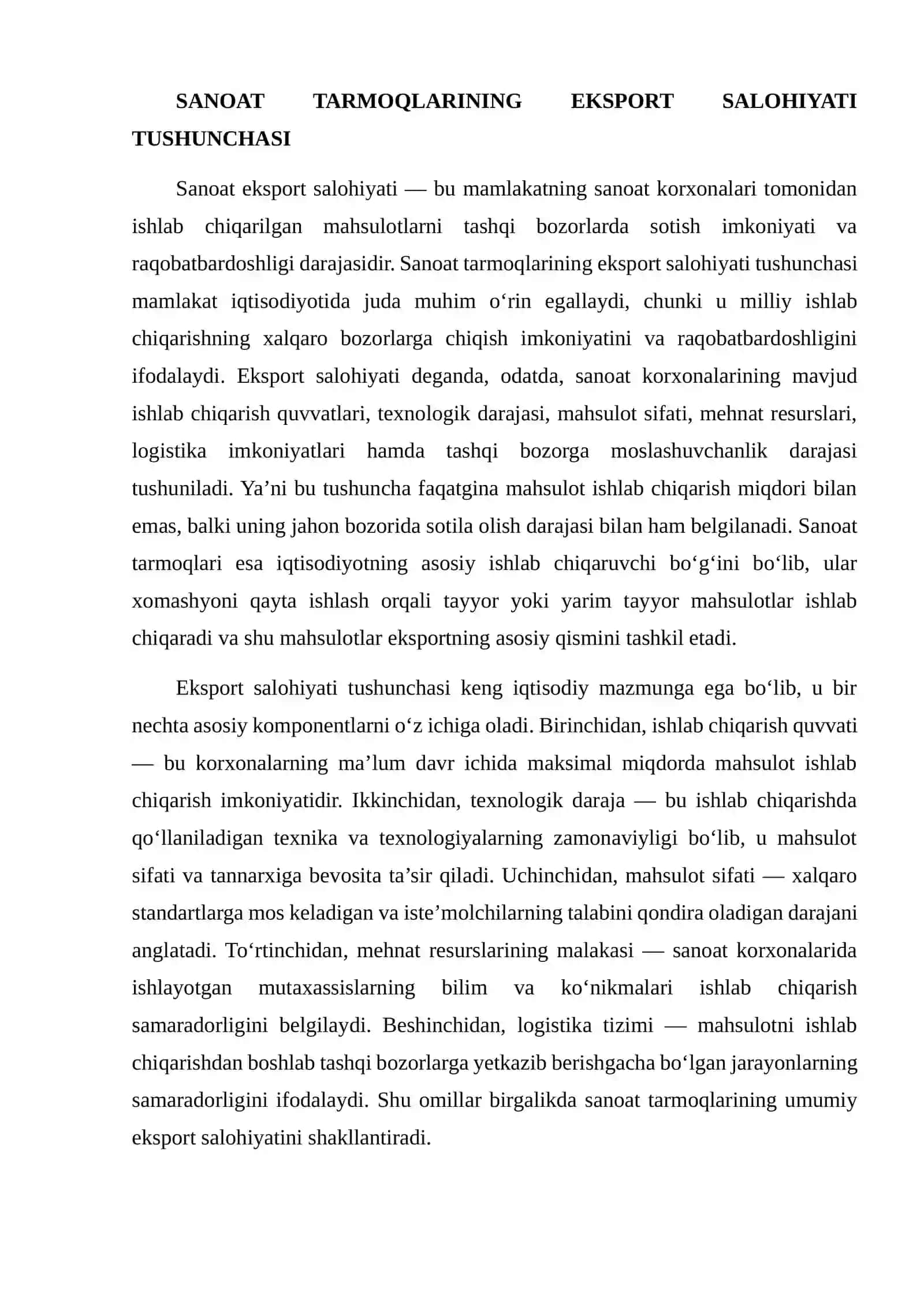 SANOAT TARMOQLARIDA EKSPORT SALOHIYATINI OSHIRISH 4
