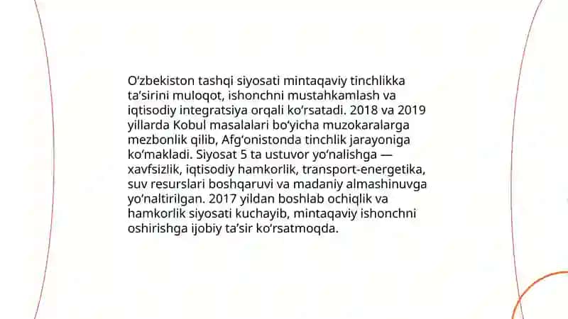 Oʻzbekistonning Markaziy Osiyoda tinchlik va barqarorlikni taʼminlashdagi oʻrni 4