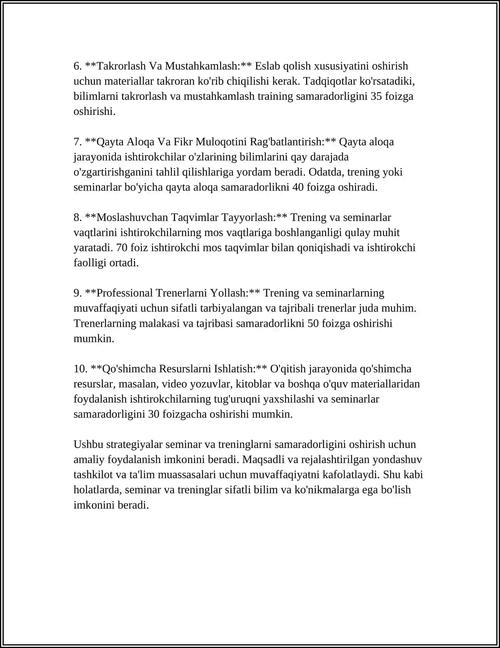 MUSTAQIL ISH Mavzu: SEMINAR TRENINGLAR, INTENSIV-INTERFAOL SEMINARLAR, AMALIY ISHLARNI TASHKIL ETISH METODIKASI 4