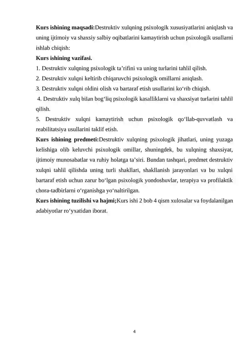 DESTRUKTIV XULQ PSIXOLOGIYASINING PSIXOLOGIK XUSUSIYATLARI KURS ISHI 4