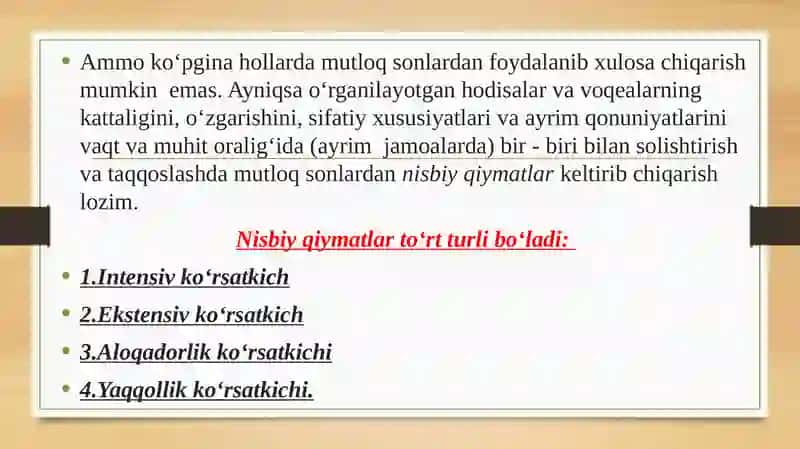 Nisbiy va o'rtacha miqdorlarni xisoblash bo'yicha masalalar yechish 4
