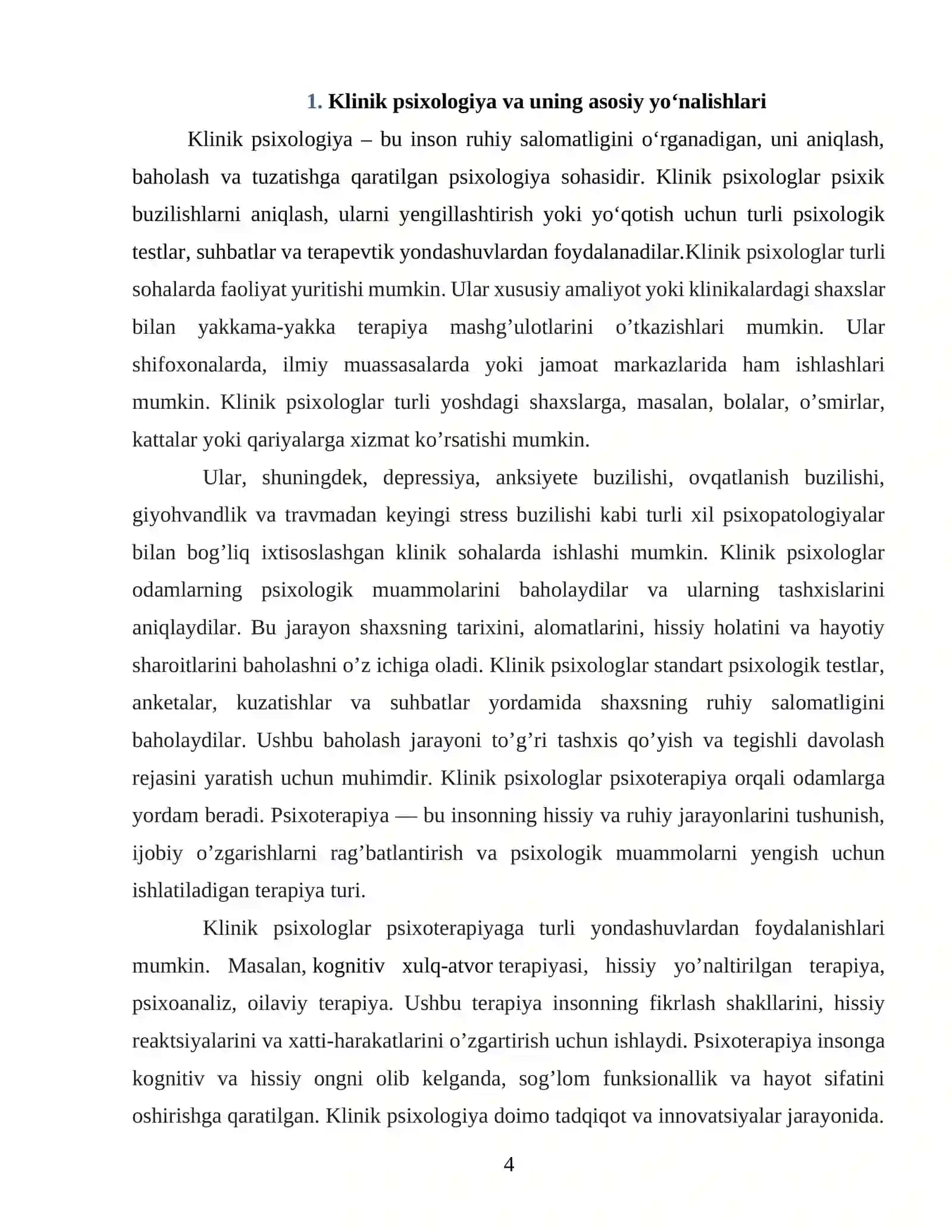KLINIK PSIXOLOGLARNING PSIXOPROFLAKTIK VA PSIXOKORREKTSION, REABILITATSION FAOLIYATIDA ISHTIROK ETISH 4
